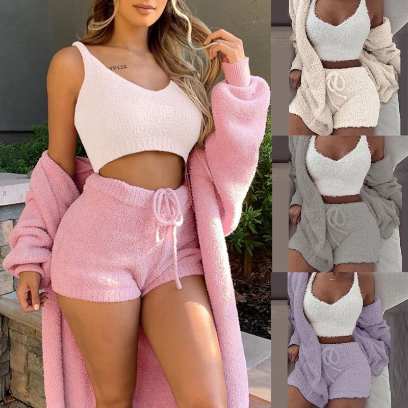 Home Wear Suit Casual Pajamas Set Lady Female Soft Warm Long Sleeve Exposed Navel Vest Shorts Set