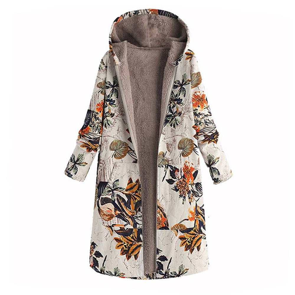 Vintage Print Cotton Hooded Zip Long Fleece Ladies Coat