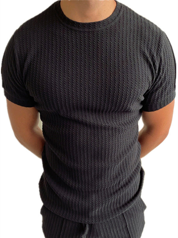 Solid Color Round Neck Twist Stripes Knitted Short Sleeve Slim Fit Stretch T-shirt