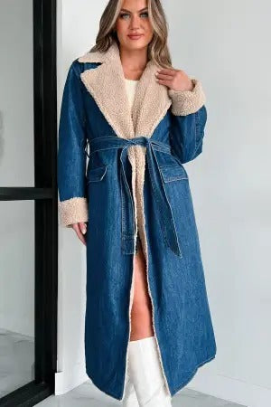 Lace-up Double Pocket Denim Trench Coat