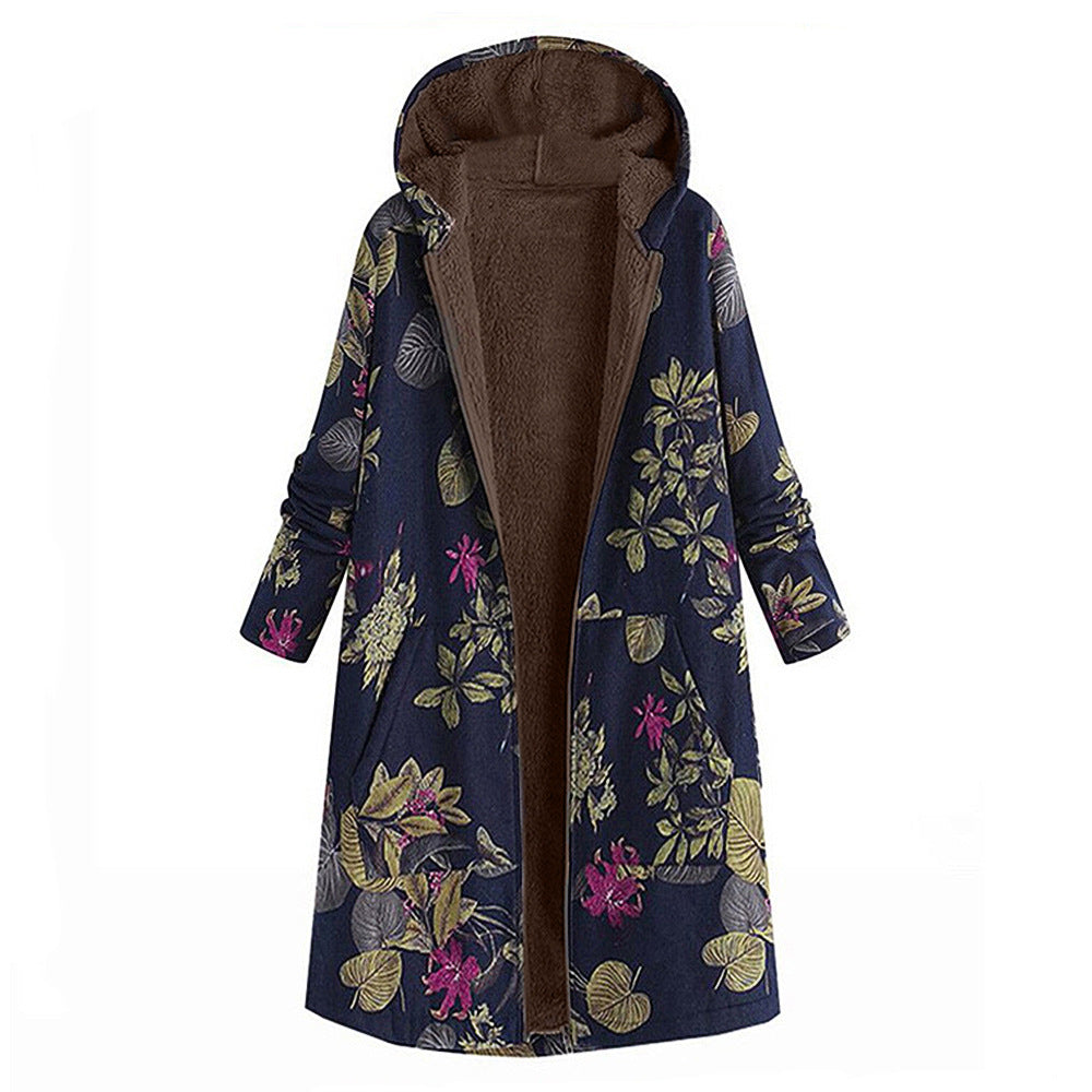 Vintage Print Cotton Hooded Zip Long Fleece Ladies Coat