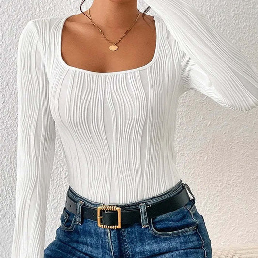 Elegant Stitching Solid Color Water Ripple Long Sleeve U-collar Jumpsuit