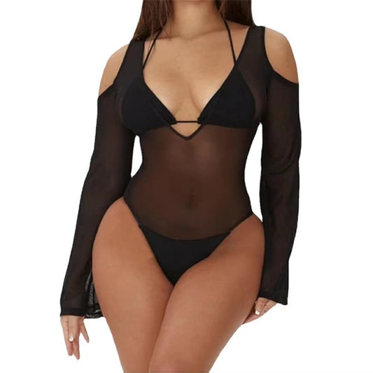 Fashion Solid Color Mesh Two Piece Bikini Swimsuit