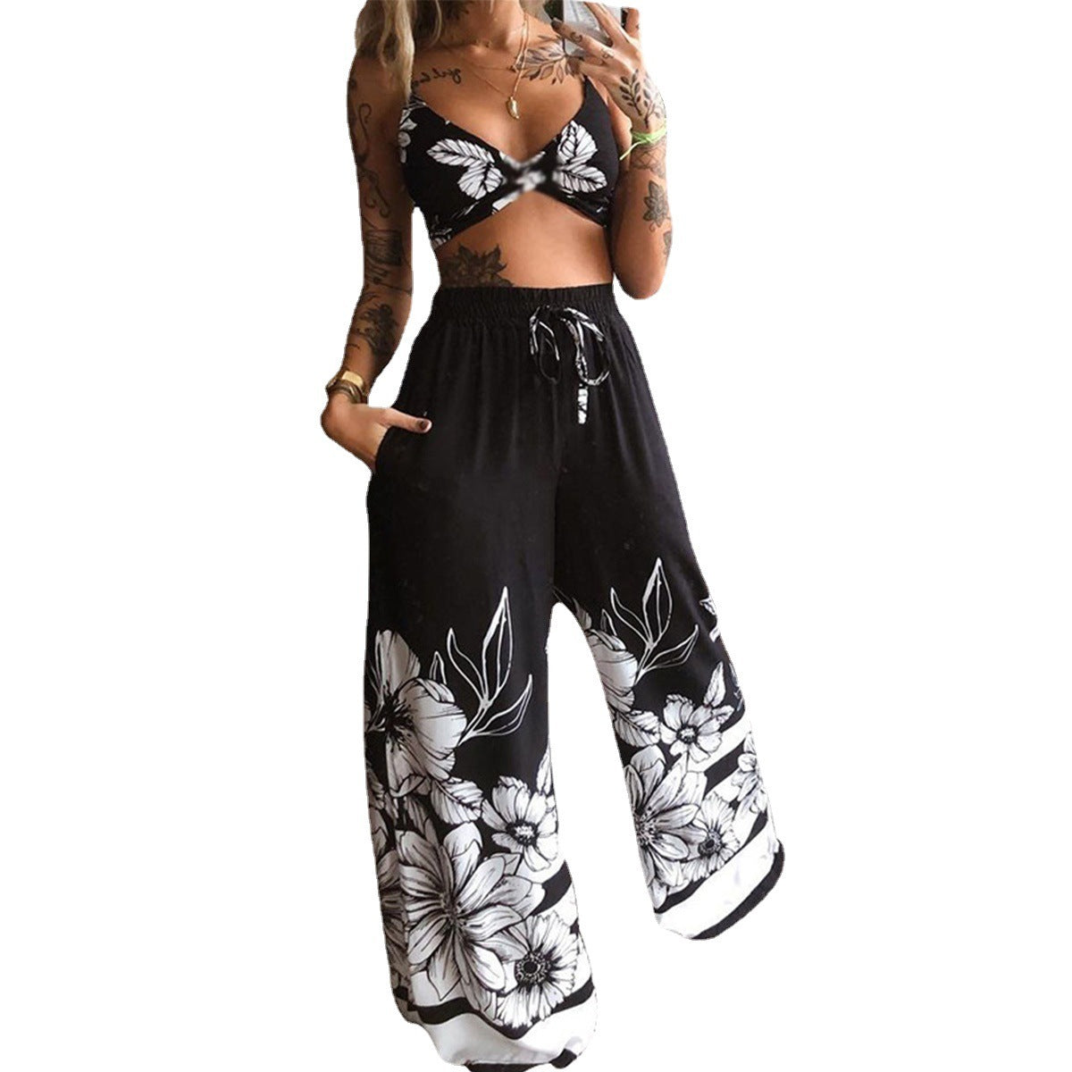 Printed Tube Top Loose Wide Leg Pants Two-piece Set