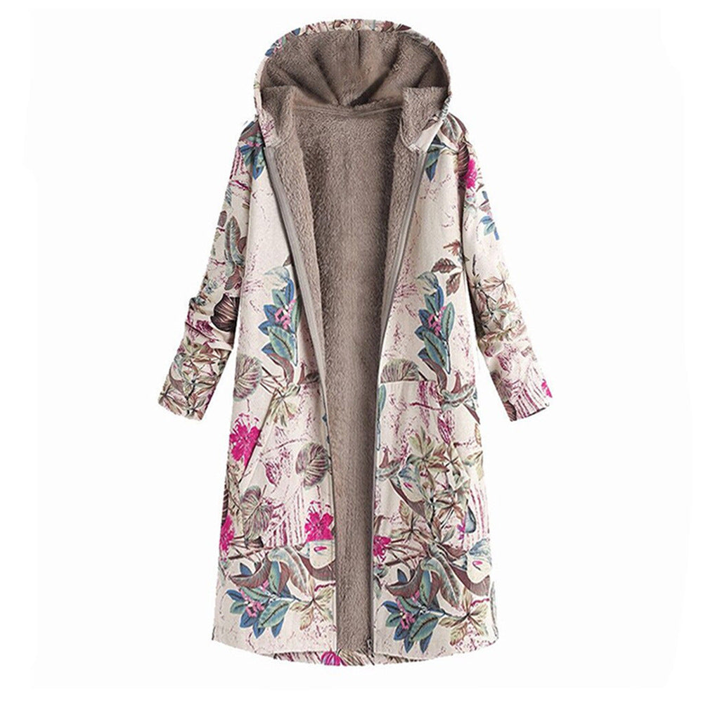 Vintage Print Cotton Hooded Zip Long Fleece Ladies Coat