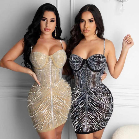 Sexy Wrapped Chest Sling Hot Rhinestone Nightclub Ladies Dress