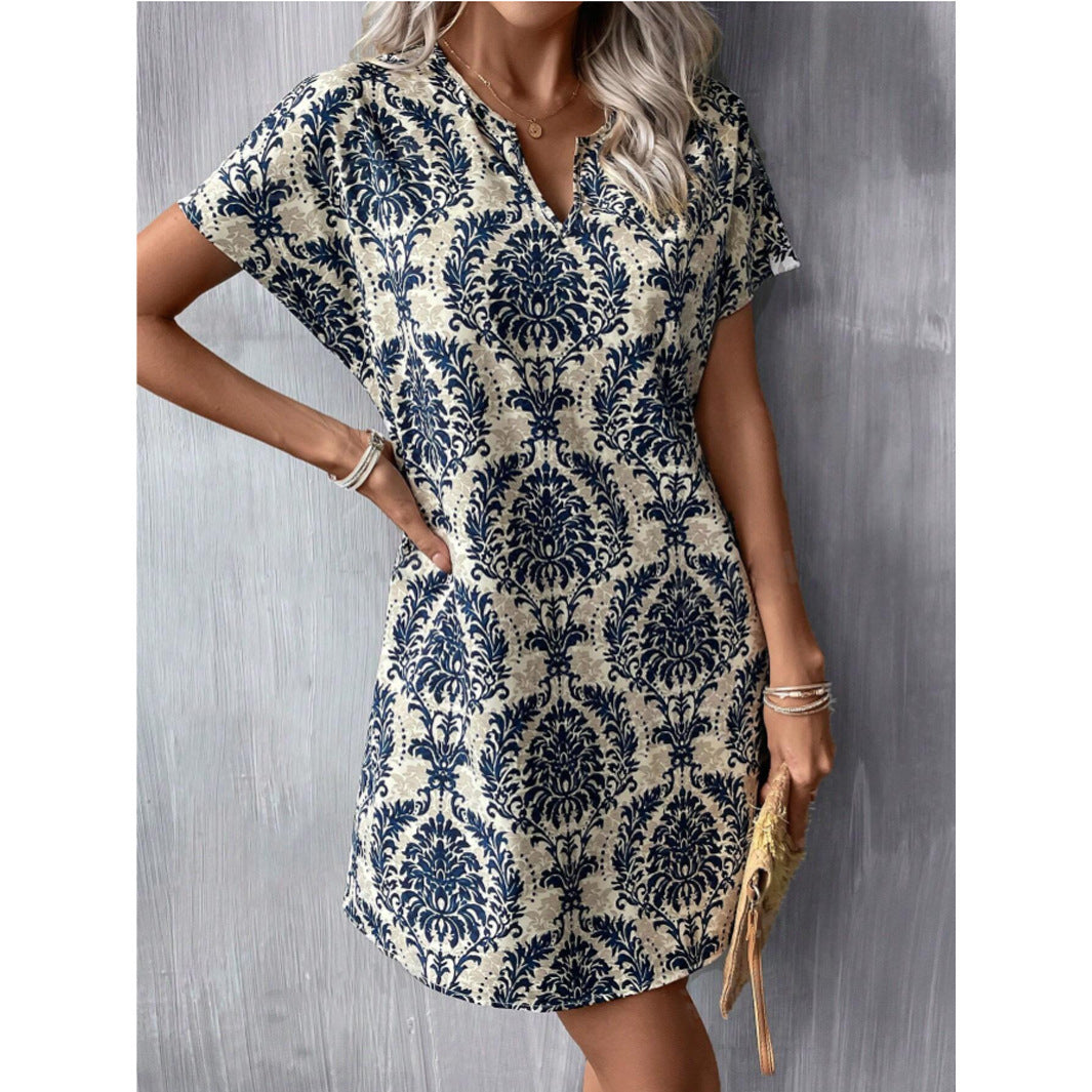 Summer Full-body Printed Notched Collar Batwing Sleeve Dress