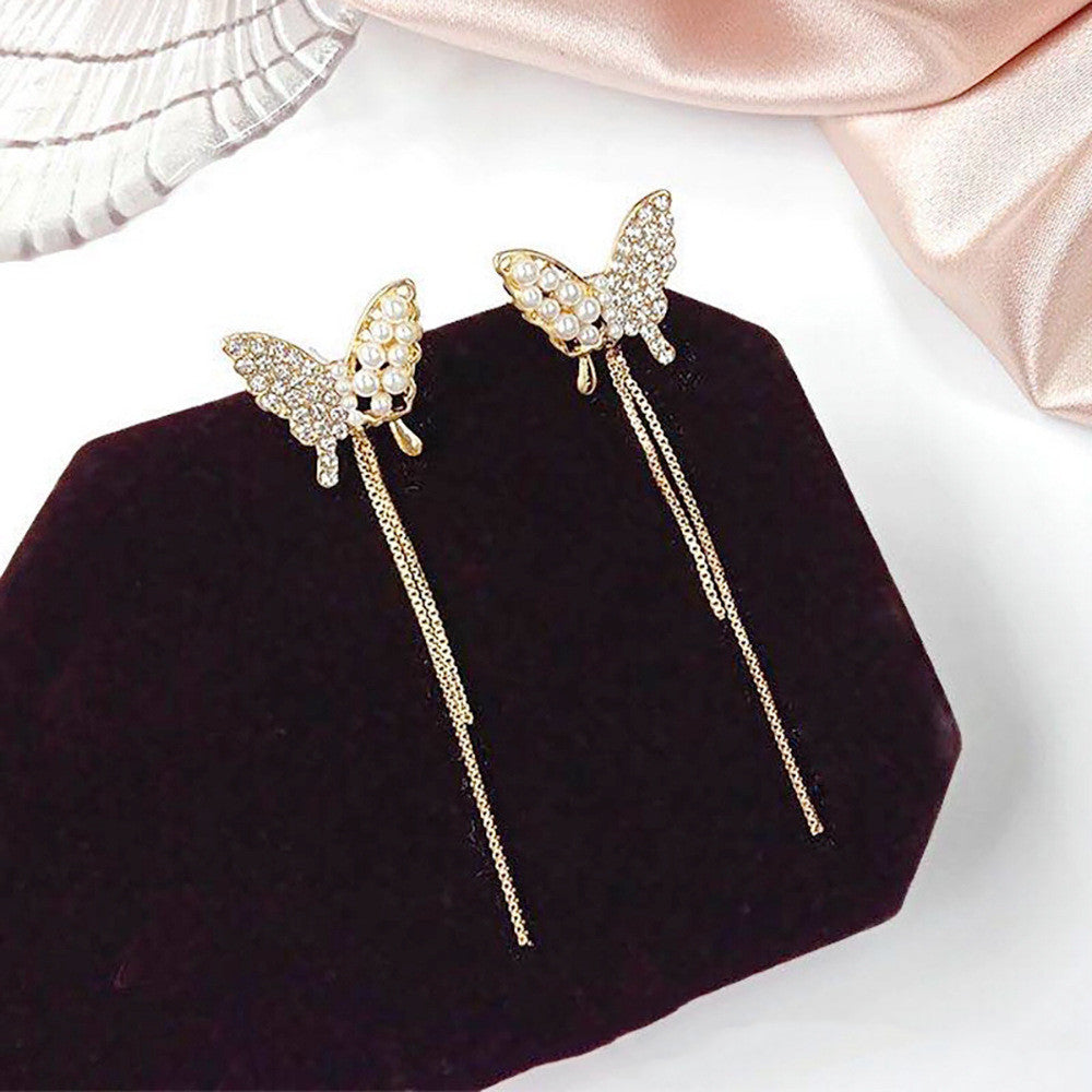 Diamond Pearl Butterfly Earrings Long Tassel