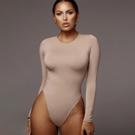 O-neck Long-sleeved Solid Color Sexy Bodysuit