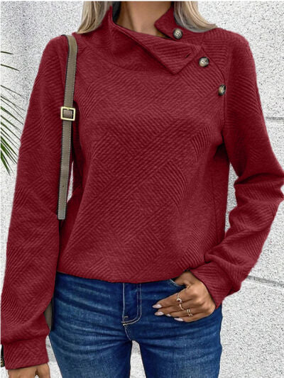 Buttoned Mock Neck Long Sleeve Sweatshirt